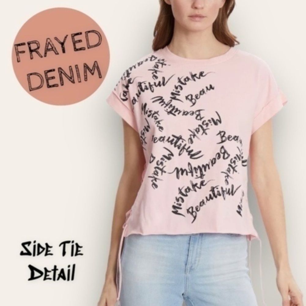 FRAYED JEANS Ruched/Side-Tie Short Sleeve “Beautiful Mistake” Graffiti Top NWT